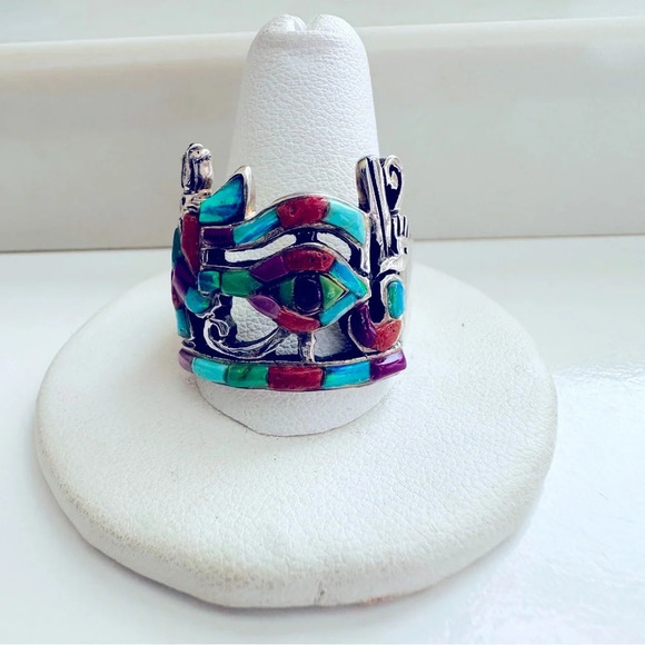 Handmade Sterling Silver Inlay Multi Gem Eye Of Horus Ring Size 11.5 - Picture 1 of 7